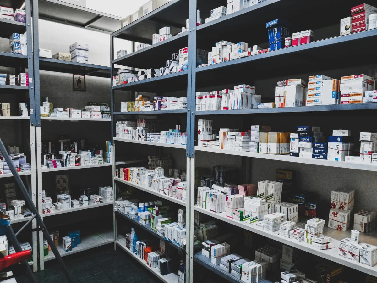 Dispensary shelves of prescription stock at Resolven Pharmacy